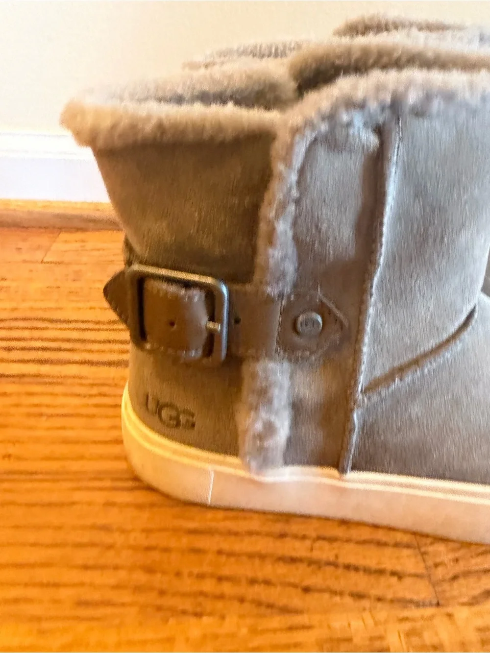 UGG Women's Taupe Suede Shearling Mid-Ankle Booties with Buckle Strap